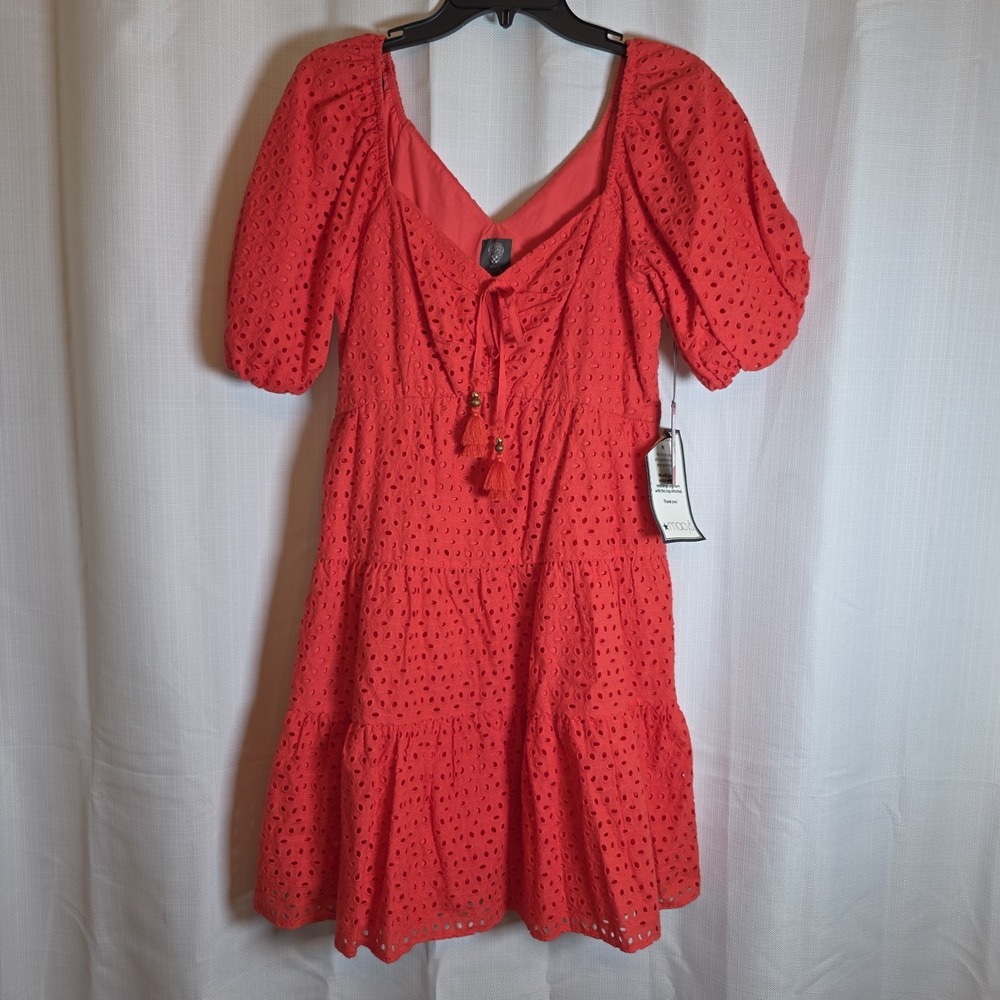 Vince Camuto Womens V-Neck Short-Puff-Sleeve Eyelet Dress 8 Poppy - NWT $168